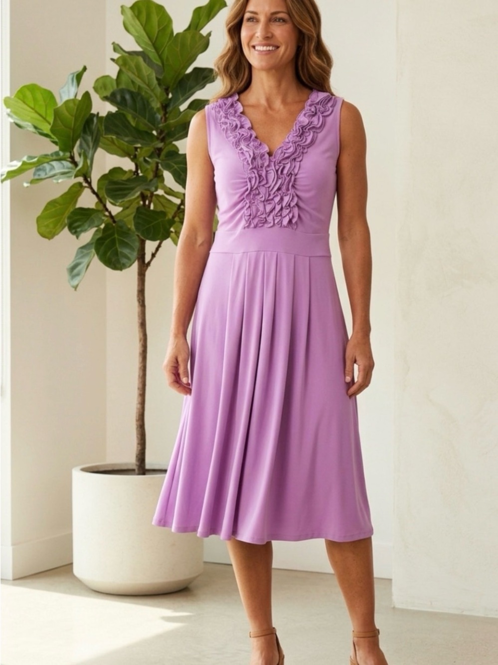 Madison Lilac Ruffle V-Neck Sleeveless Dress PTP 19’ L 40’